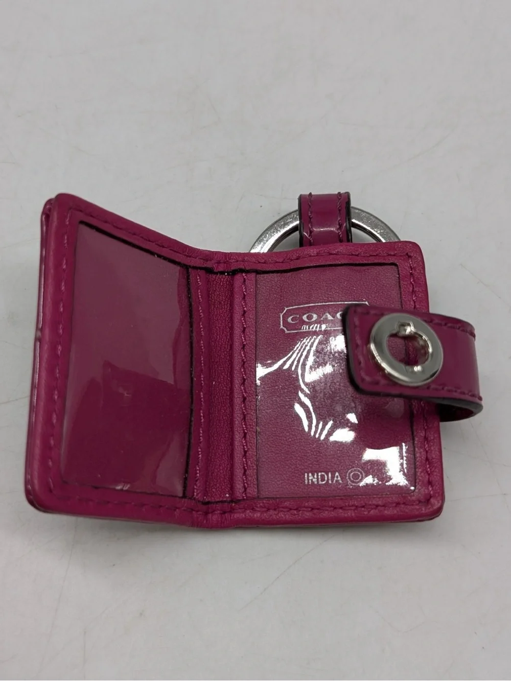 Coach Brown Signature Key chain photo locket with Pink Patent Trim